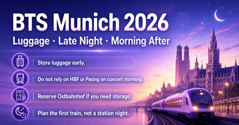BTS Munich 2026 infographic covering luggage storage late night and morning after with four key tips and illustrated Munich skyline