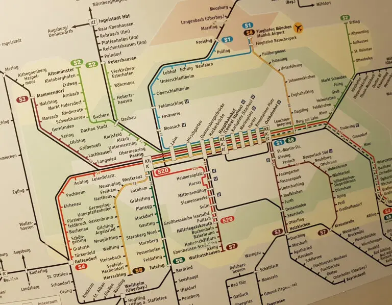3:06 PM Munich S-Bahn network map showing all lines radiating from the central city corridor, with airport connections via S1 and S8 visible in the upper right