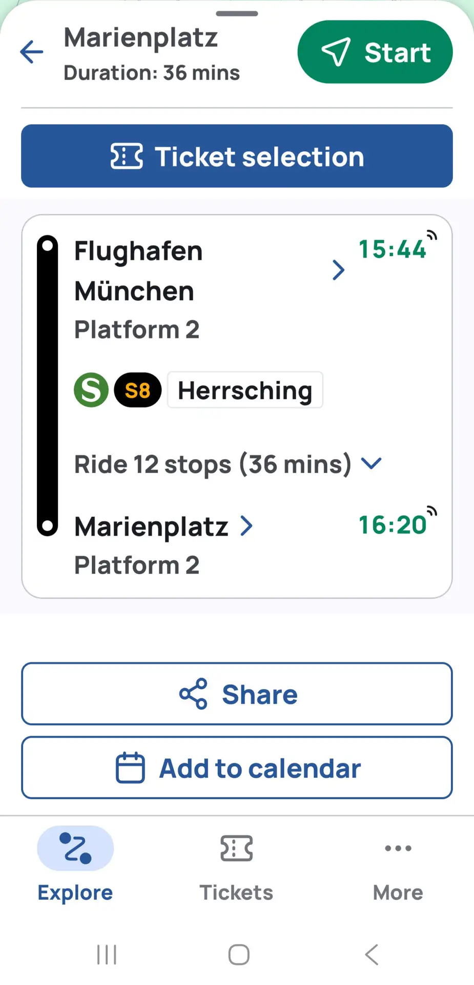 MVGO app route search result for Munich public transport