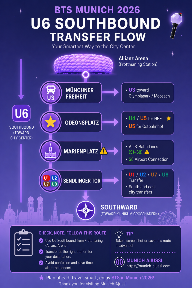 BTS Munich 2026 U6 southbound transfer flow infographic showing route from Frottmaning Allianz Arena to city center stations