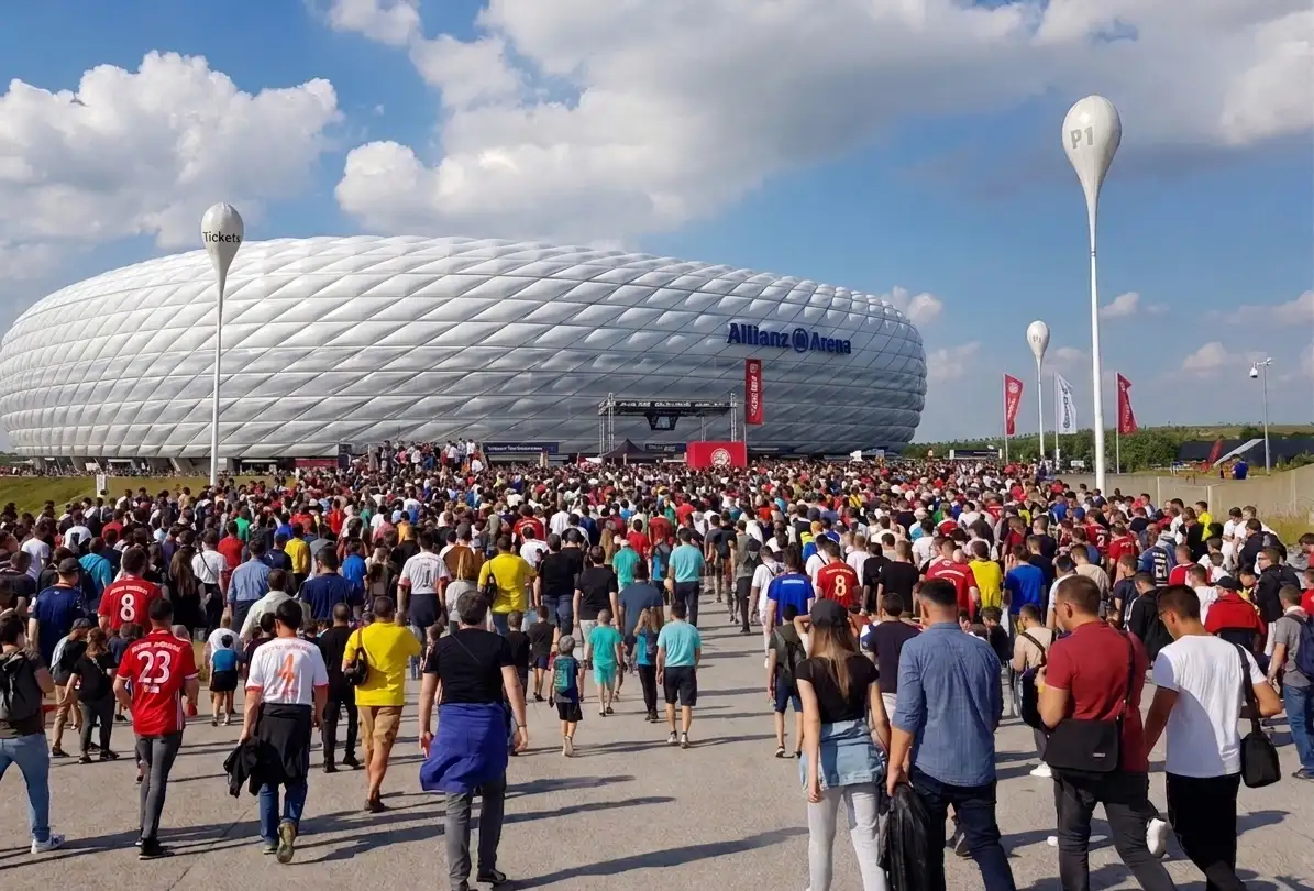 Illustration of fans walking toward Allianz Arena on the Esplanade for BTS Munich 2026