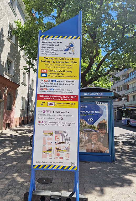 U3 and U6 construction notice at Implerstraße showing the 2026 replacement bus routes between Sendlinger Tor and Implerstraße