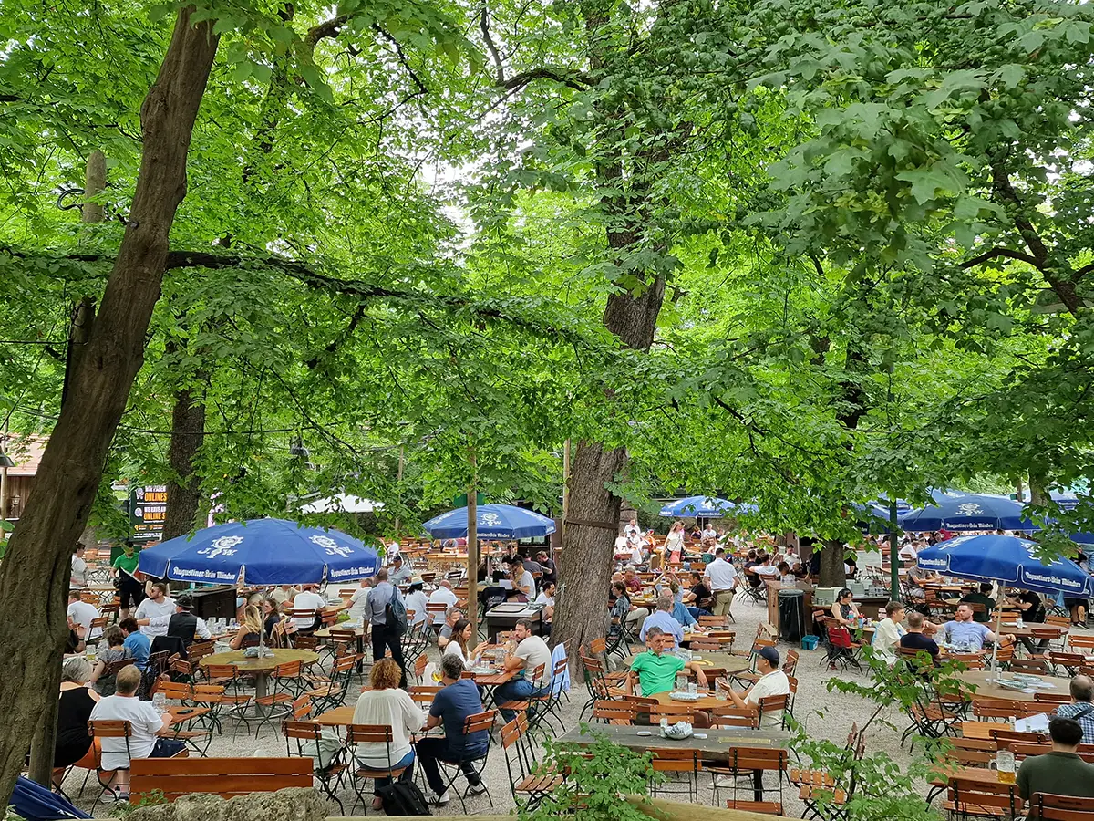 Augustinerkeller beer garden in Munich with long tables under trees