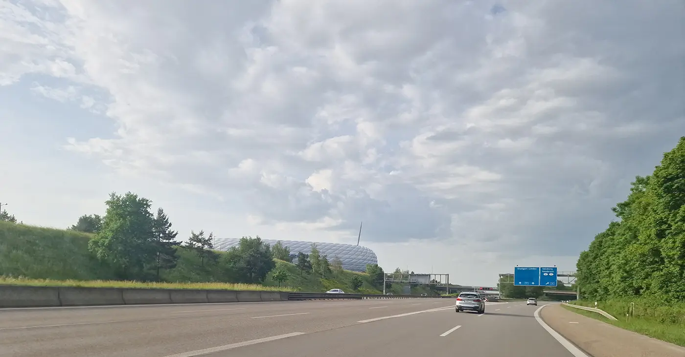 Autobahn near Munich with direction signs toward Stuttgart, Lindau, Salzburg, and Innsbruck