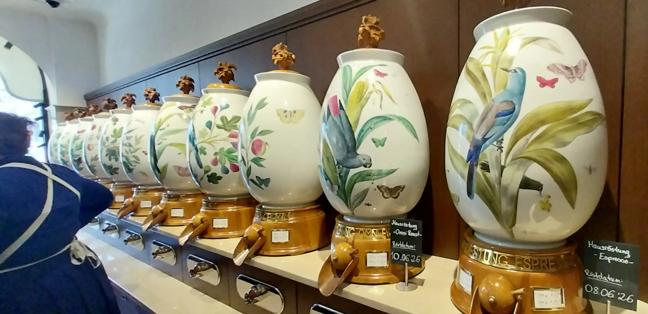 Ceramic containers for roasted coffee beans inside Dallmayr in Munich