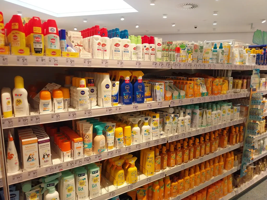 Sunscreen shelves at a German drugstore in Munich