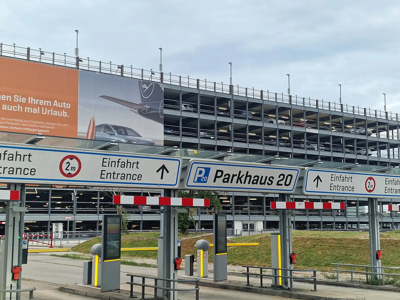 Munich Airport Parkhaus 20 entrance with parking signs and height limit
