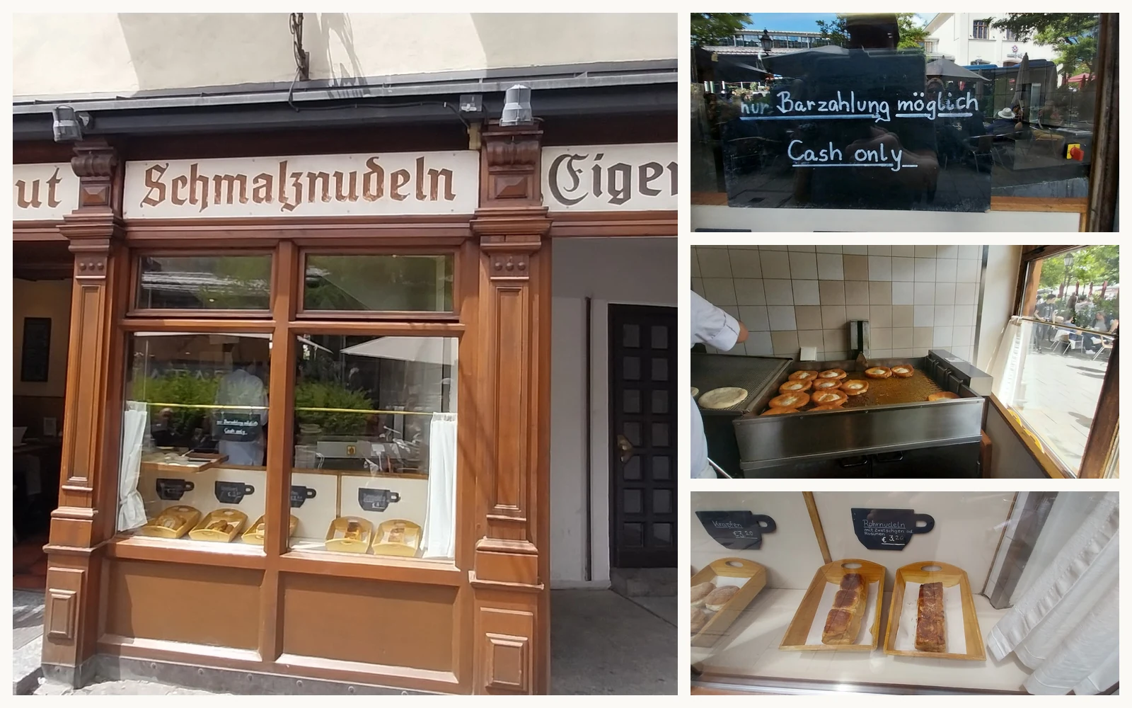 Cafe Frischhut exterior, Schmalznudel frying, pastry display, and cash only sign in Munich