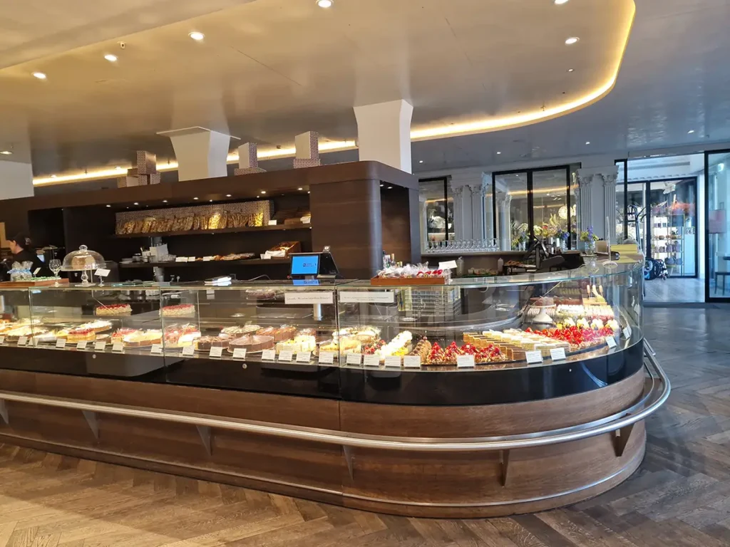 Confiserie counter with cakes and pastries at Café Luitpold in Munich