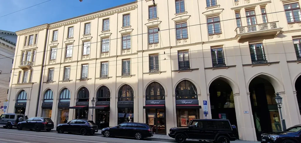 Maximilianstrasse luxury shopping street in Munich with Chopard boutique in a neoclassical building