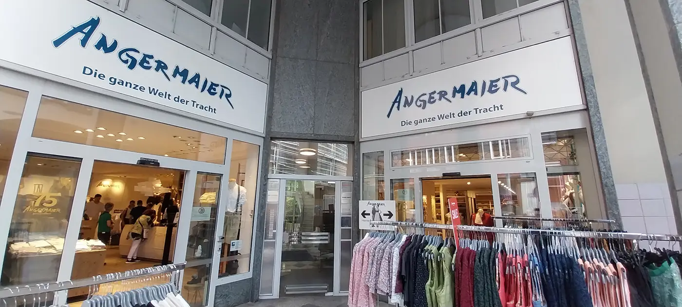 Angermaier traditional clothing store on Rosental in Munich with Dirndl and Lederhosen displays