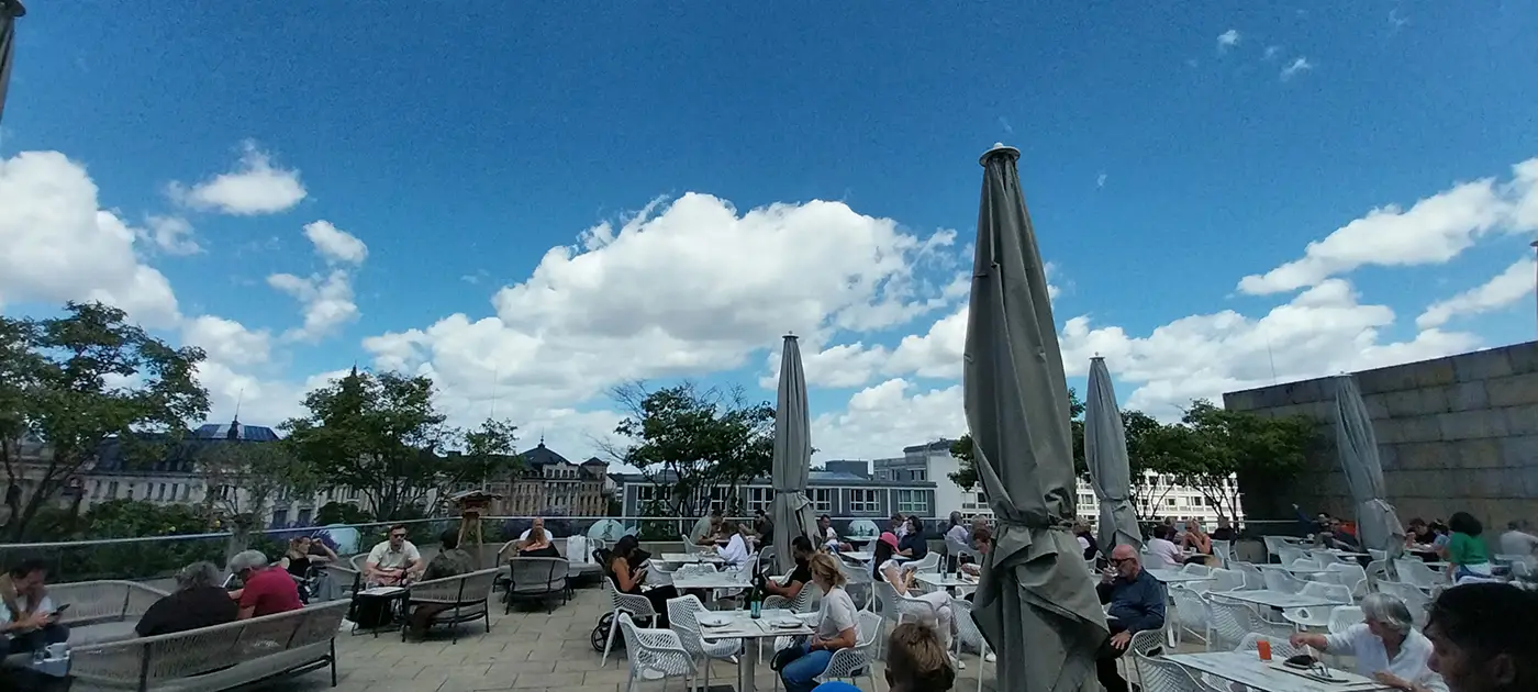Rooftop terrace at Oberpollinger department store in Munich with outdoor tables and city views