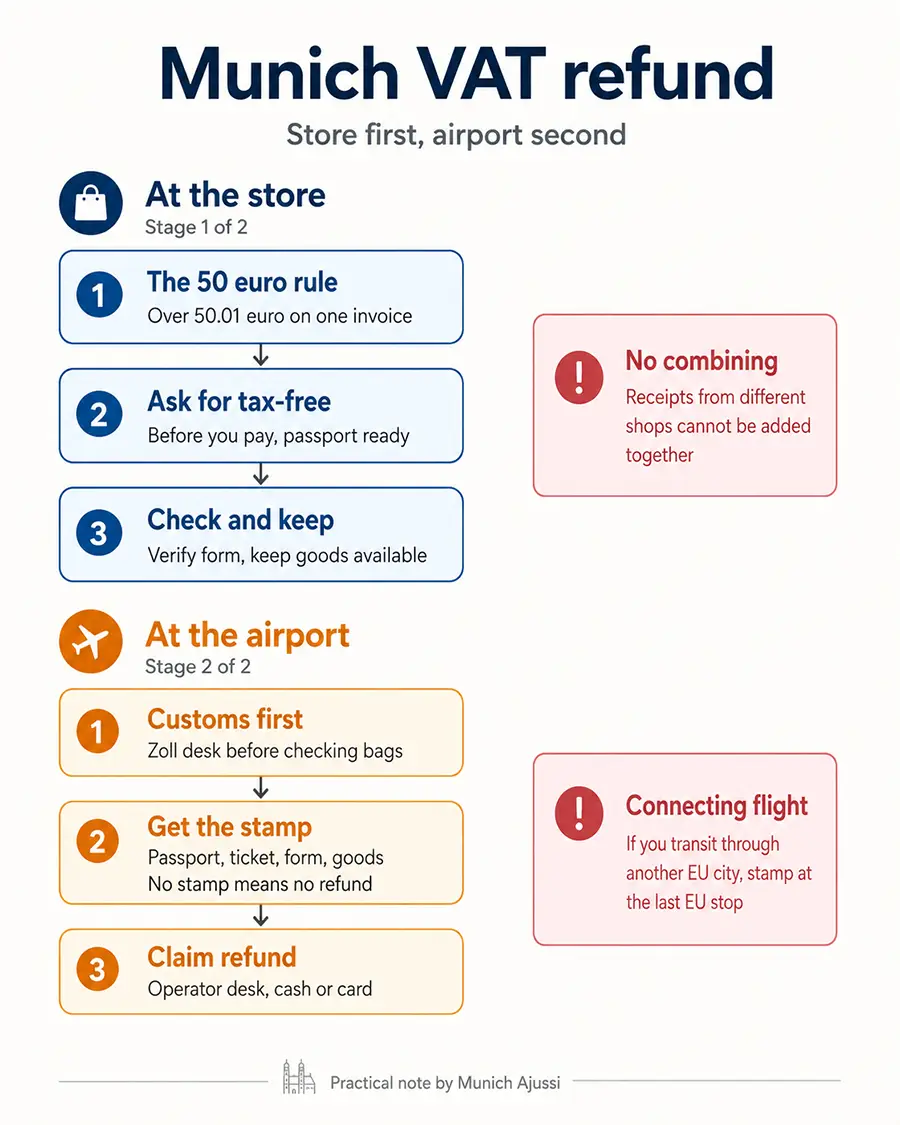 Infographic showing the two stage VAT refund process in Munich, from asking for tax free paperwork at the store to customs validation and refund collection at the airport