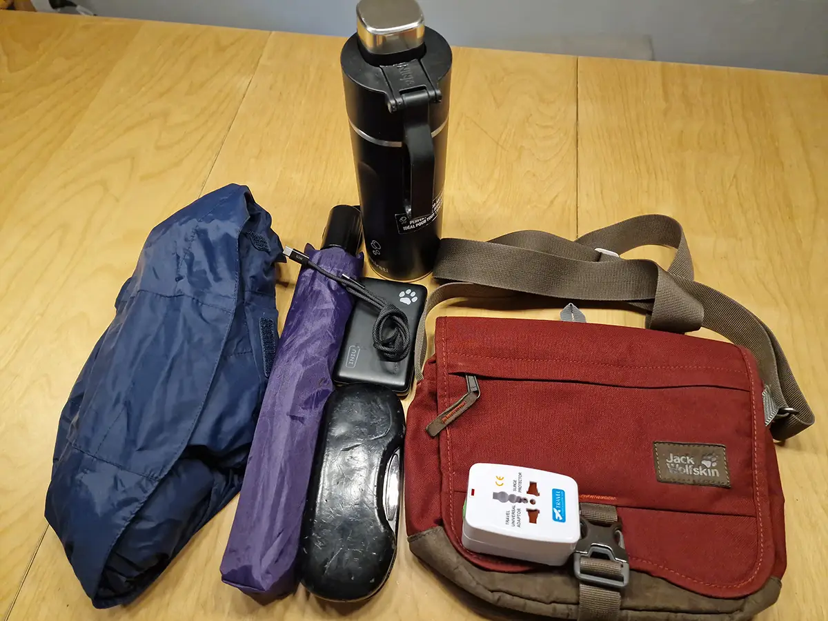 Munich summer day bag with umbrella sunglasses water bottle power bank and travel adapter