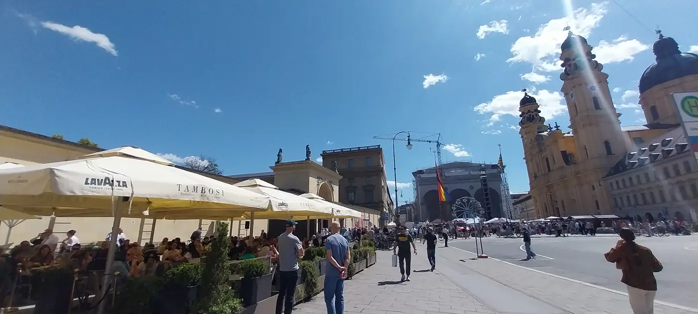 Tambosi terrace beside Odeonsplatz with Theatinerkirche in Munich