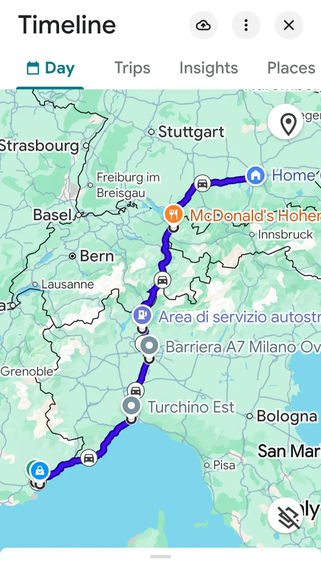 Google Timeline screenshot showing a real Munich based driving route through Switzerland and Austria after a drive from southern France
