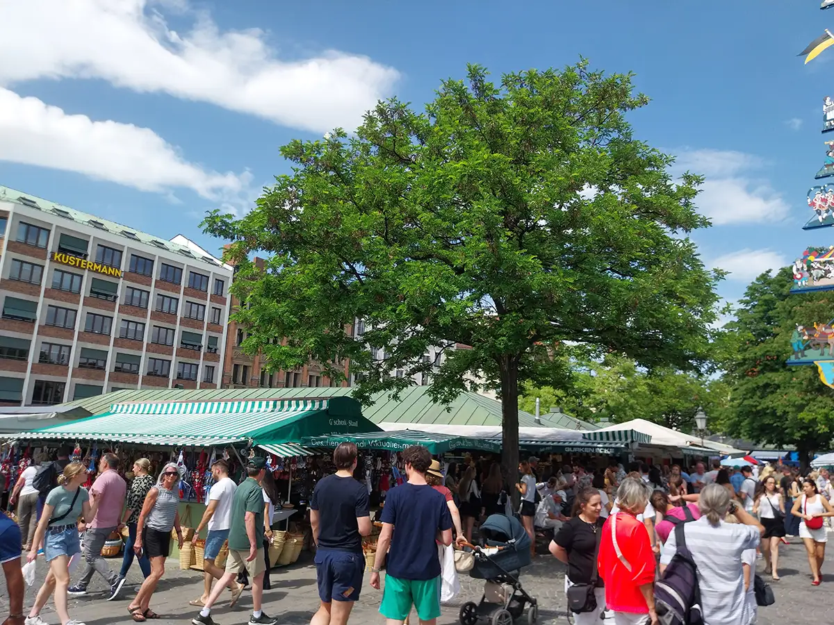 Viktualienmarkt market stalls in Munich on a sunny summer afternoon