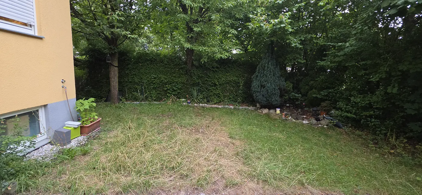 A dry private lawn in a Munich garden during the July 2026 water restrictions