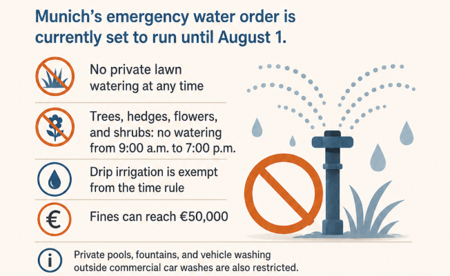 Infographic showing Munich's emergency water restrictions in effect until August 1, 2026: no private lawn watering at any time, no watering trees, hedges, flowers, or shrubs between 9 a.m. and 7 p.m., drip irrigation exempt from the time rule, fines up to €50,000, and restrictions on private pools, fountains, and vehicle washing outside commercial car washes.