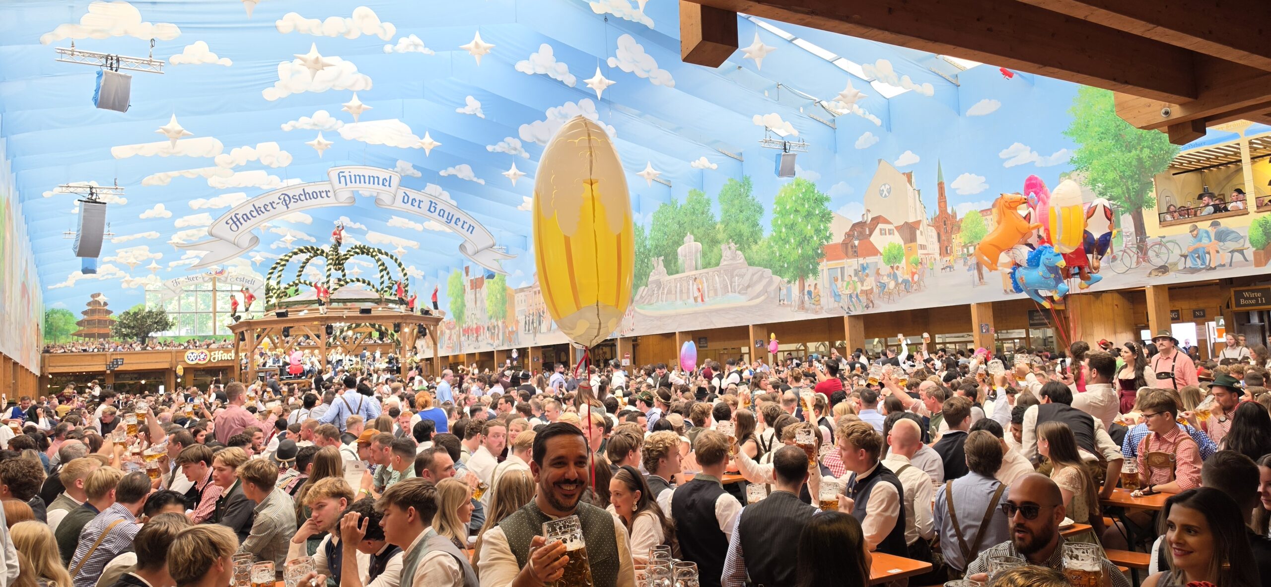 Packed Hacker-Pschorr beer tent during Oktoberfest opening day