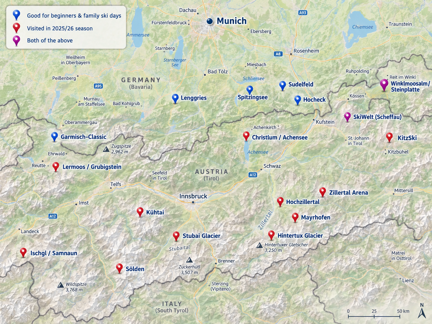 Map of ski areas from Munich showing beginner-friendly family ski areas, places visited in the 2025/26 season, and areas that fit both categories